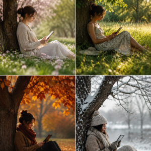 Woman reading beneath a tree seasonal grid