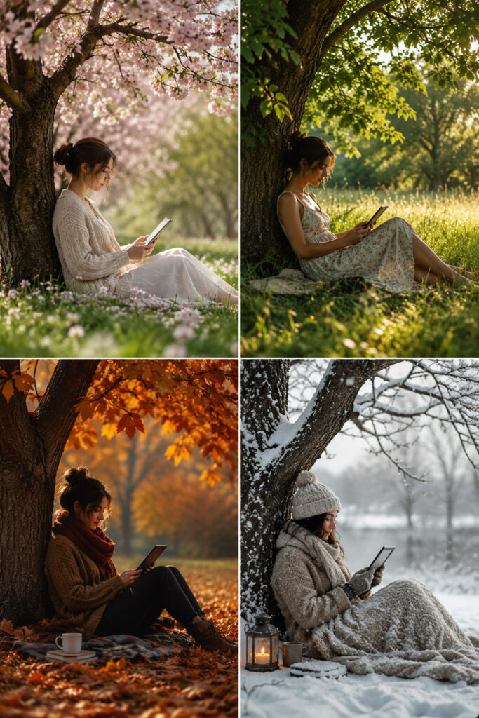 Woman reading beneath a tree seasonal grid