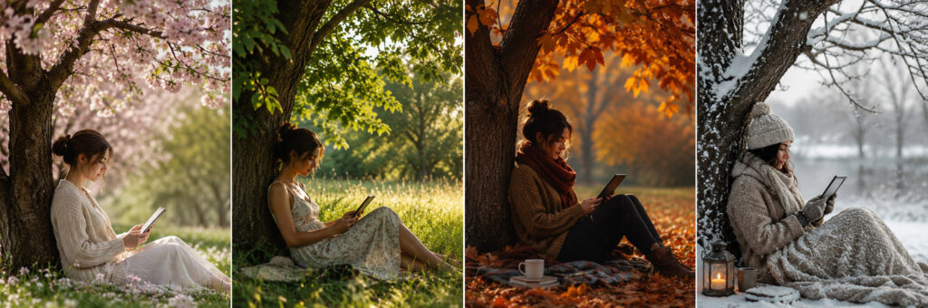 Woman reading beneath a tree seasonal horizontal